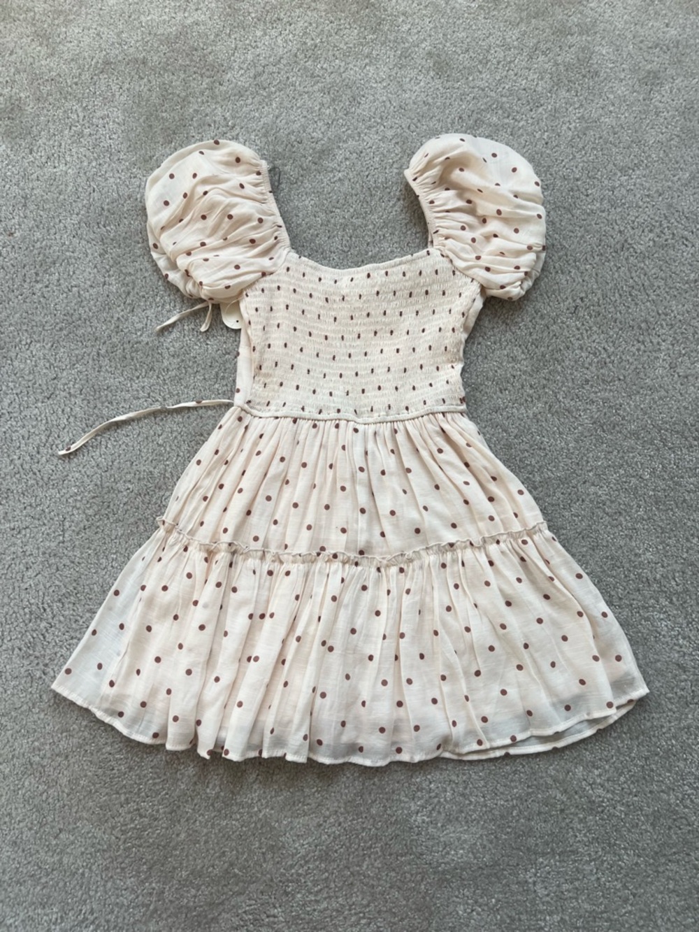 Trixxi Cream Puff Sleeve Polka Dot Dress with Brown Dots - Picture 5 of 6